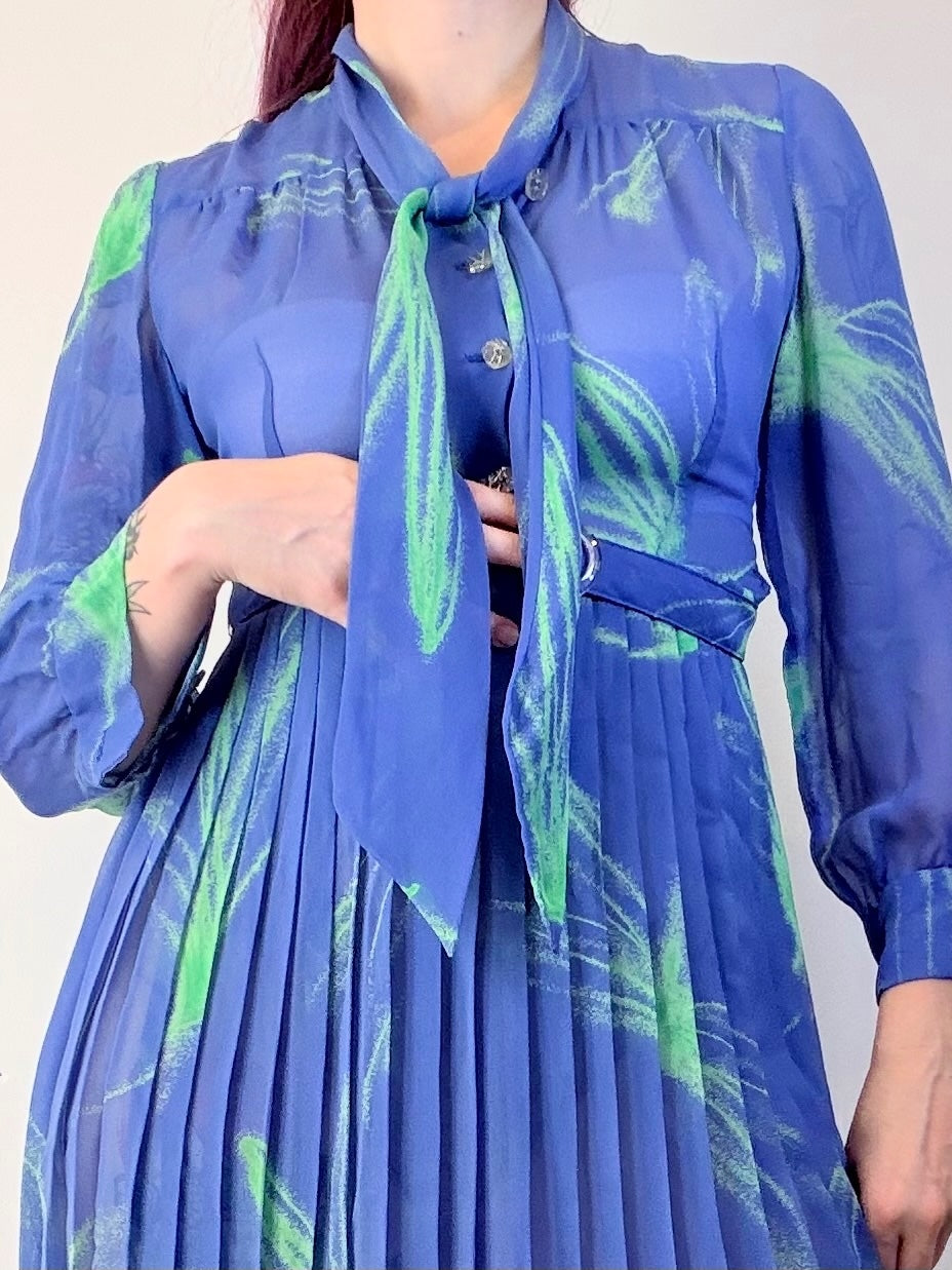 Vintage 1980s Shirt Dress Sheer Blue & Green Pleated Mini with Tie Neck Size 8