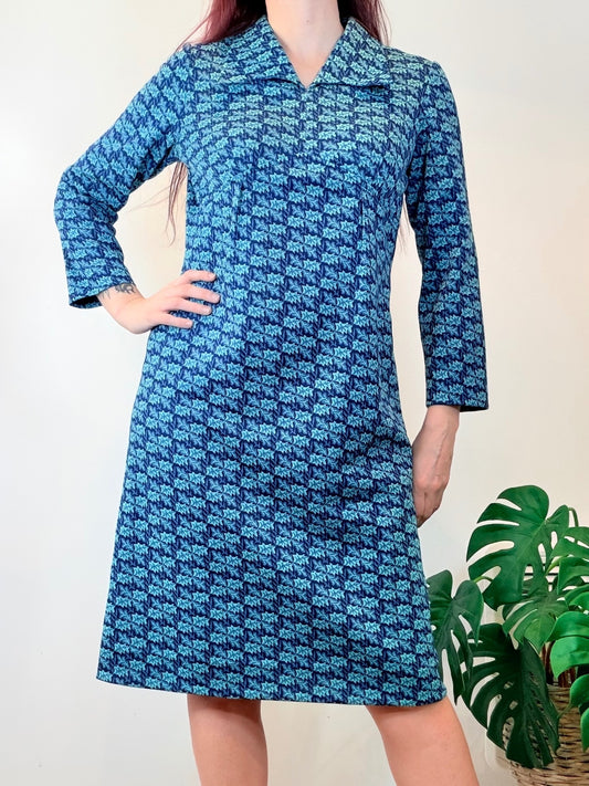 Vintage 1960s Shirt Dress Blue Patterned Long Sleeve Dress Size 16