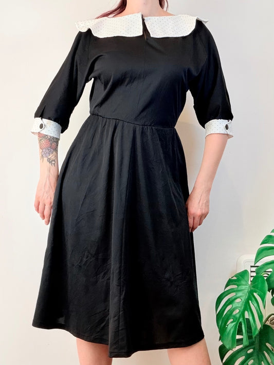 Vintage 1980s Black Dress Midi 3/4 Sleeves Polka Dot Collar and Cuffs Size 12