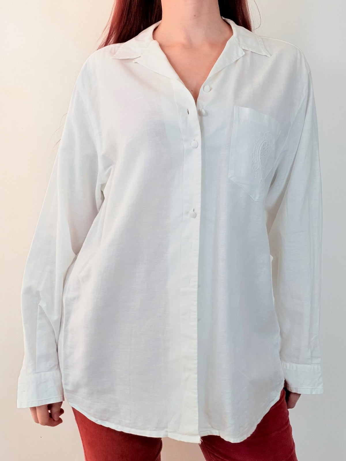 Vintage 1990s White Shirt Linen cotton with Embroidered Pocket size 16