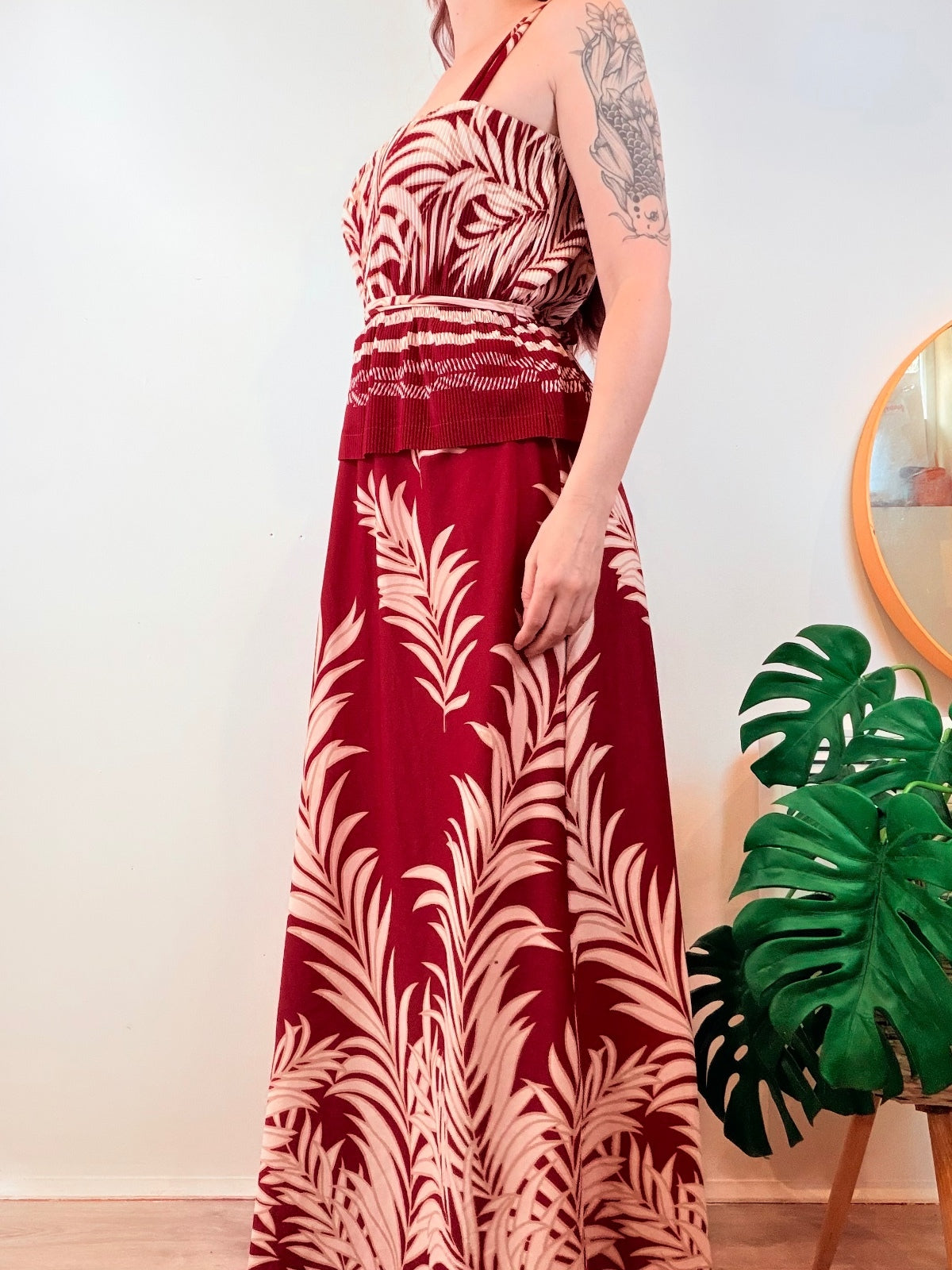 Vintage Maxi Dress Burgundy Cream Leaf Print Long Dress Peplum Waist Size 14