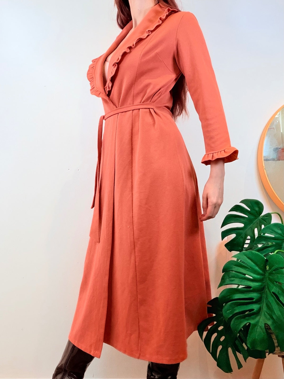 Vintage 1960s Duster Dress Jacket Ruffle Trim Long Sleeve House Coat Size 10 12