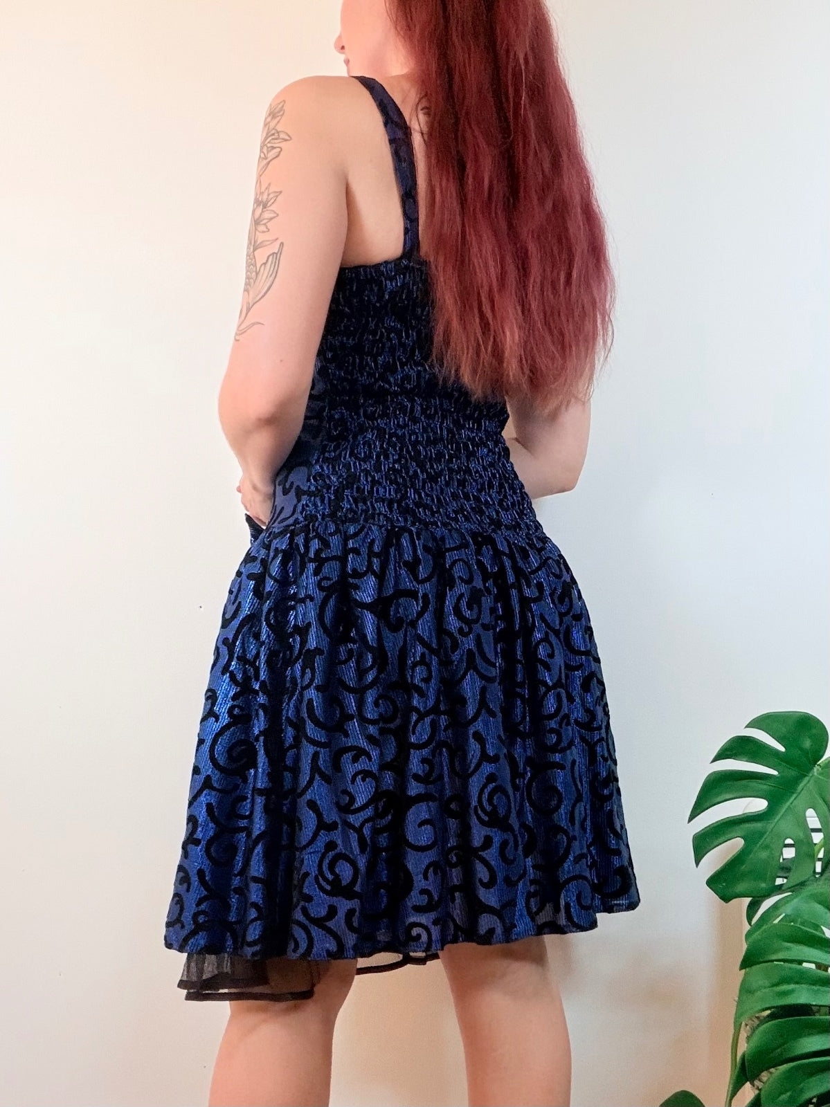 Vintage 1980s Party Dress Navy Blue Velvet Whimsigoth with Bow Detail Size 14