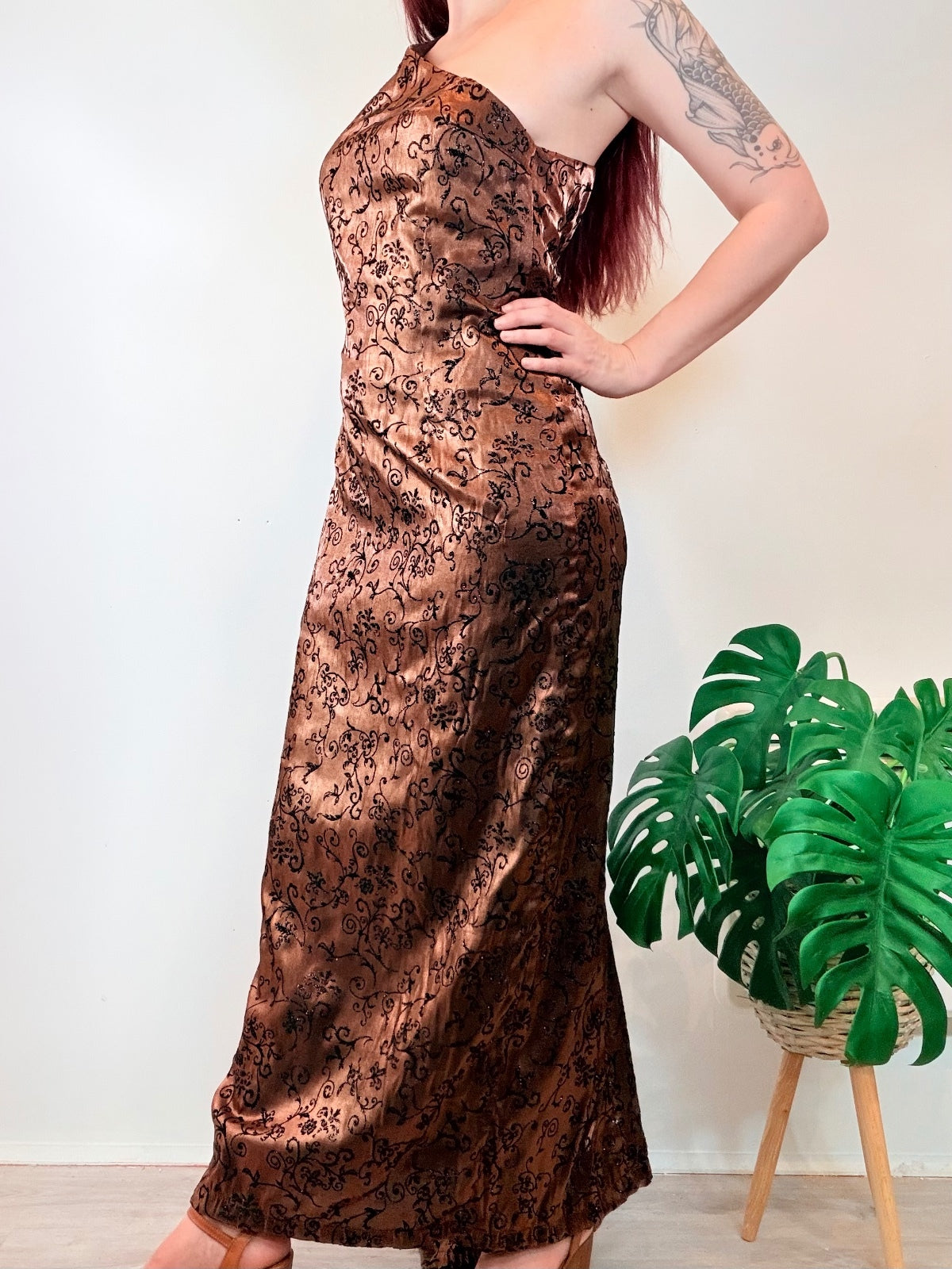 Vintage 1990s Whimsigoth Dress Long Maxi Dress with Elegant Black Swirls Size 14