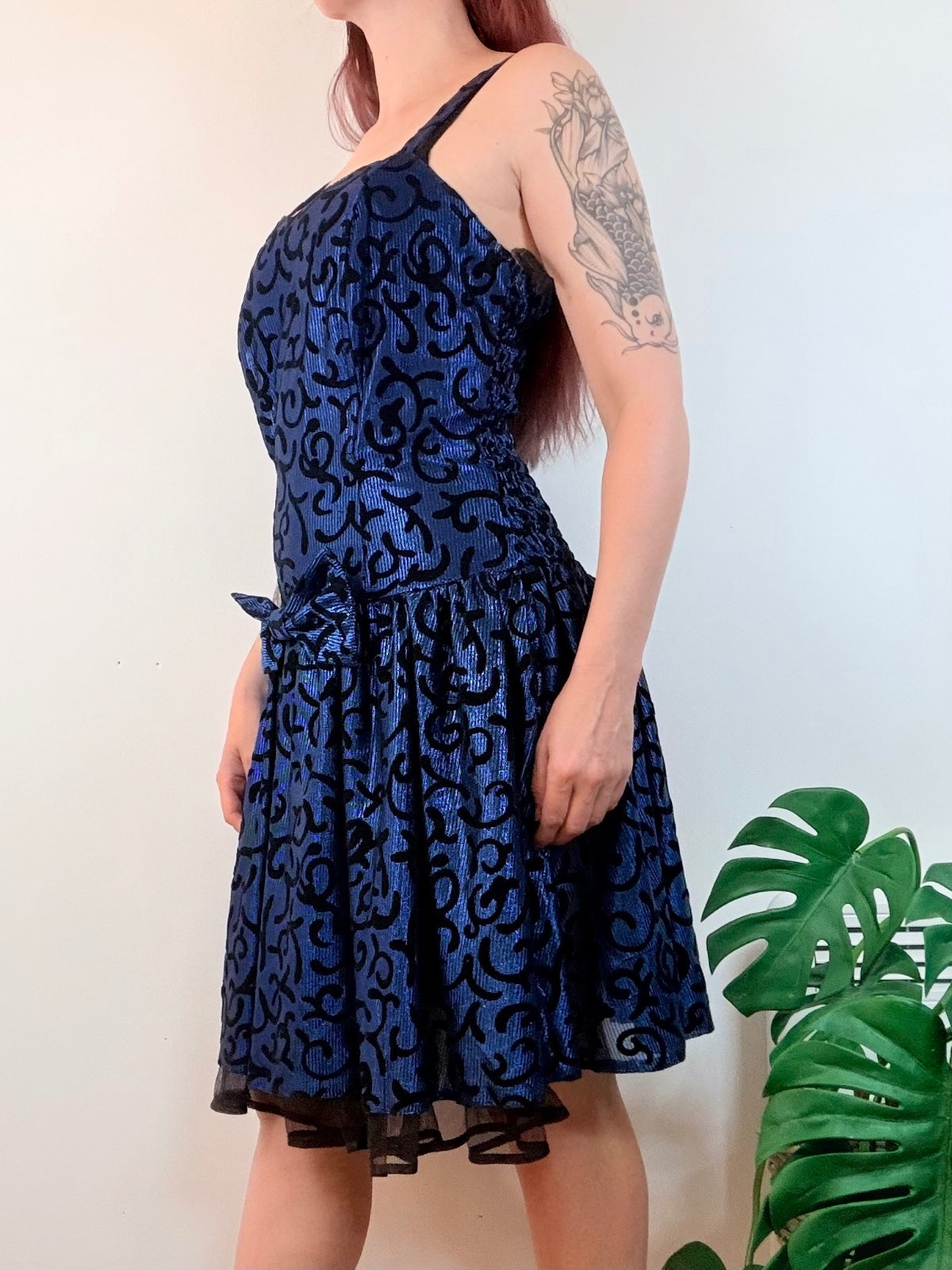 Vintage 1980s Party Dress Navy Blue Velvet Whimsigoth with Bow Detail Size 14