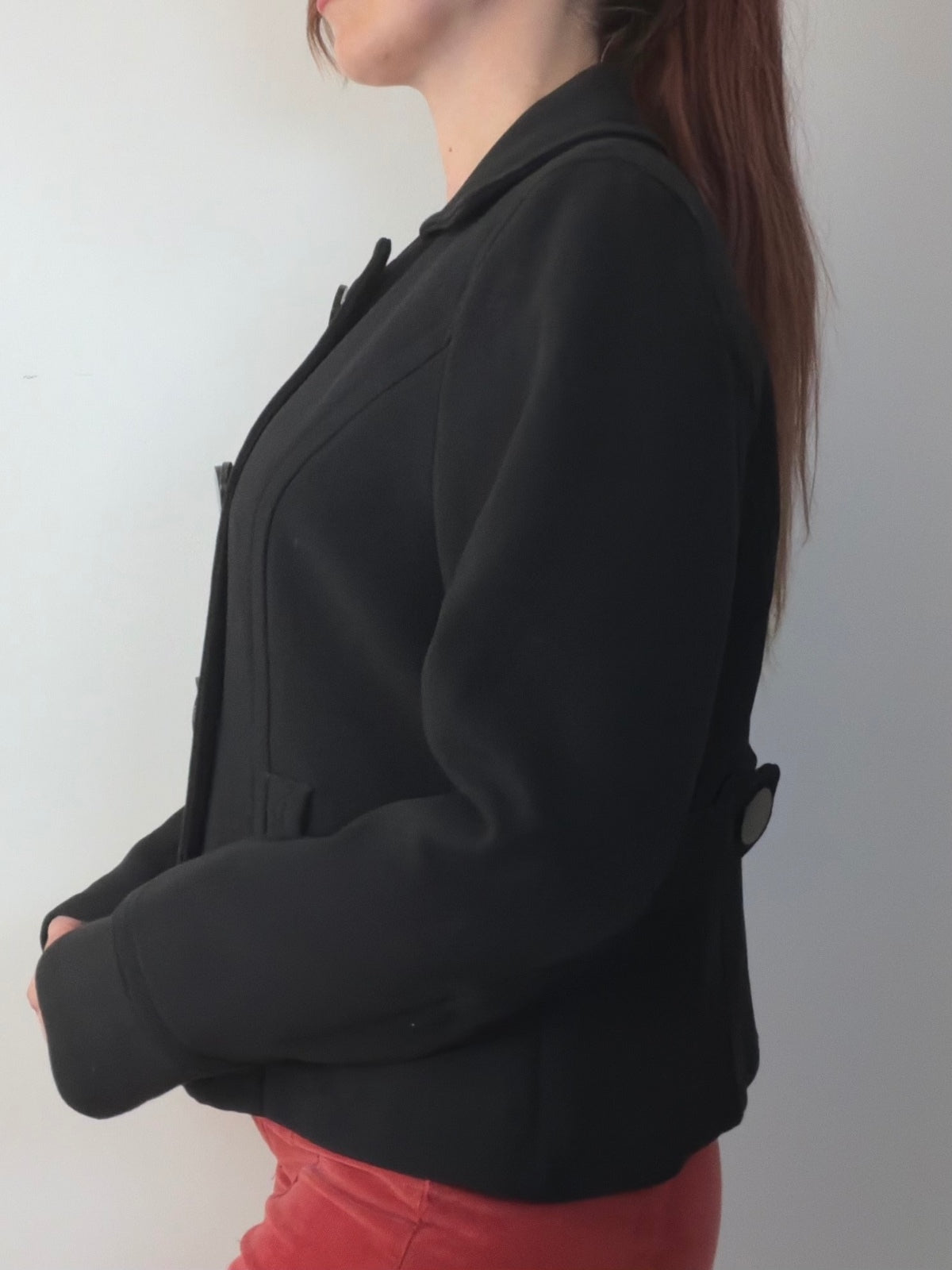 Black Cropped Coat Double Breasted Jacket Retro 60s Style Button Detail Size 16