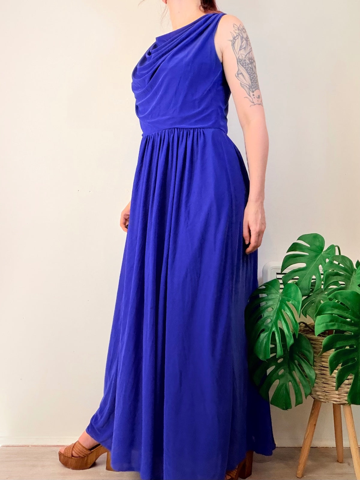 Vintage 1980s Cocktail Dress Long Maxi Dress with Draped Neckline Size 14