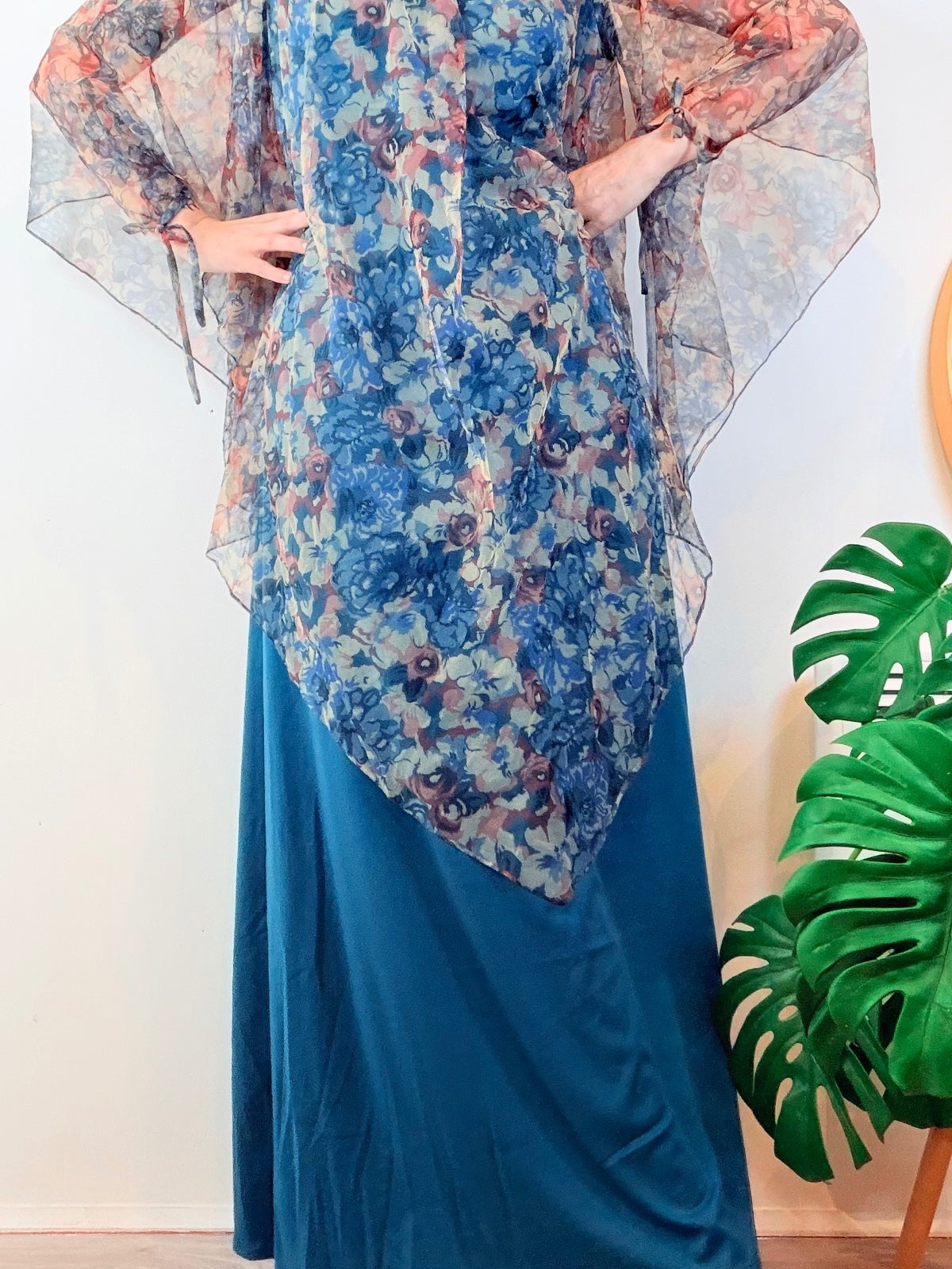 Vintage 1970s Maxi Dress With Flared Sleeves and Floaty Cape Hippie Boho Size 14