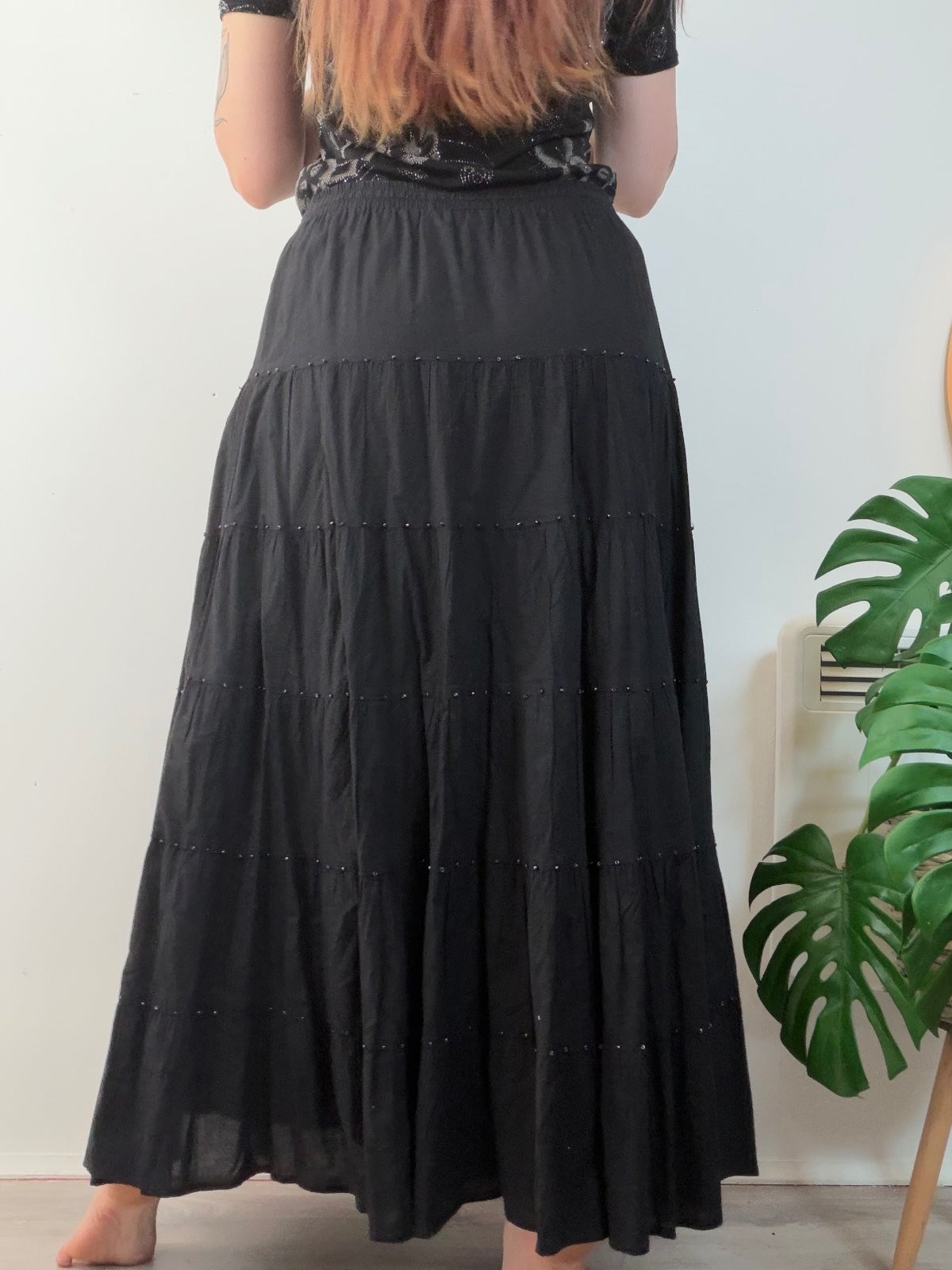 Hippie Boho Maxi Skirt with Beaded Detail Whimsigoth festival long tiered 12