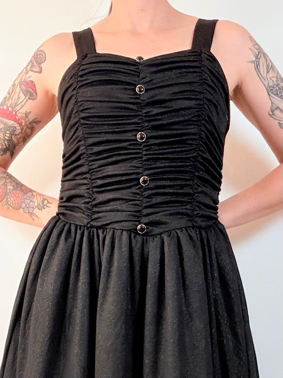 Vintage 1980s Party Dress Black Ruched Midi A Line with Button Front Size 10 12