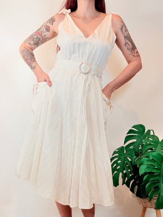 Vintage 1980s Midi Dress Cream with Belted Waist and Pockets Size 12