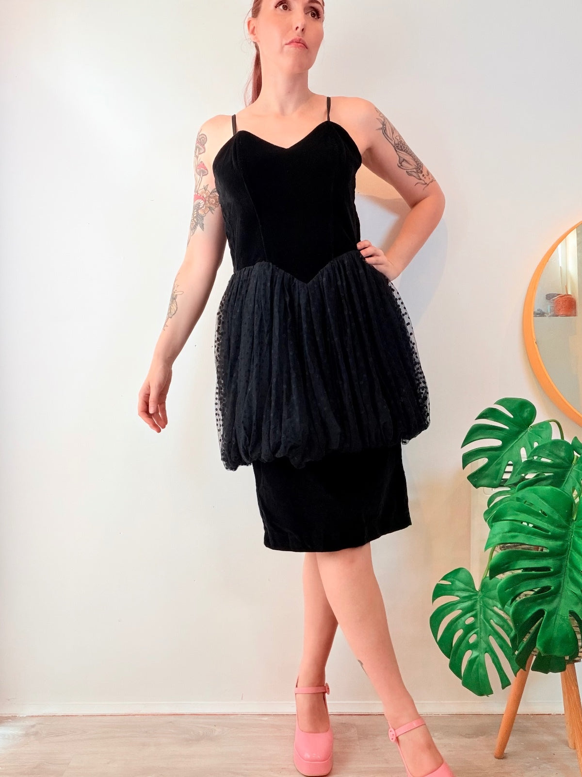 Vintage 1980s Party Dress Black Velvet and Tulle Retro Bubble Dress Size 14