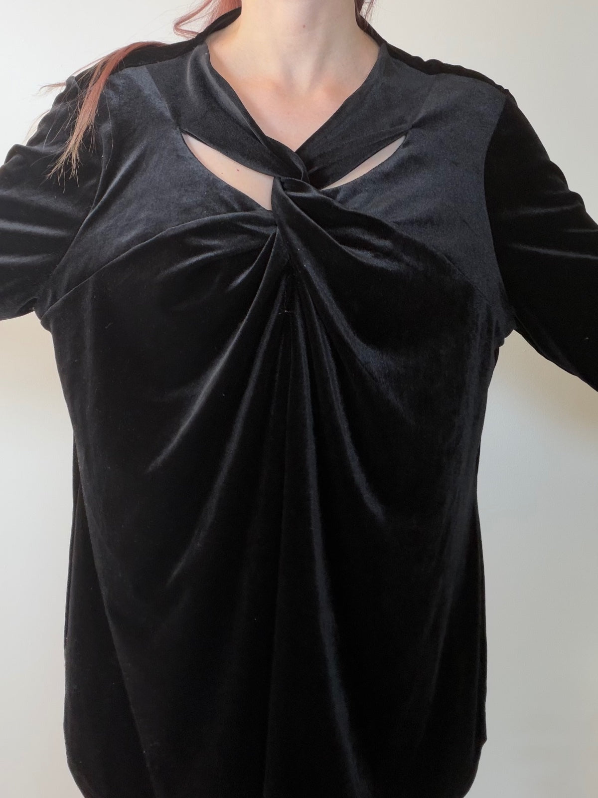 Black Velvet Long Sleeve Top with Twist and Cutout Detail By Anthology Size UK24