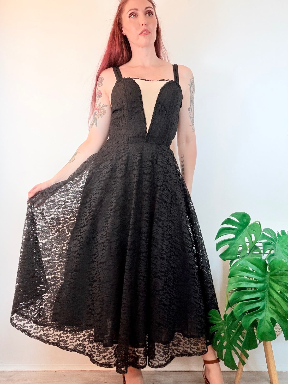 Vintage 1980s Party Dress Black Lace Midi Dress with Nude Illusion Panel Size 10
