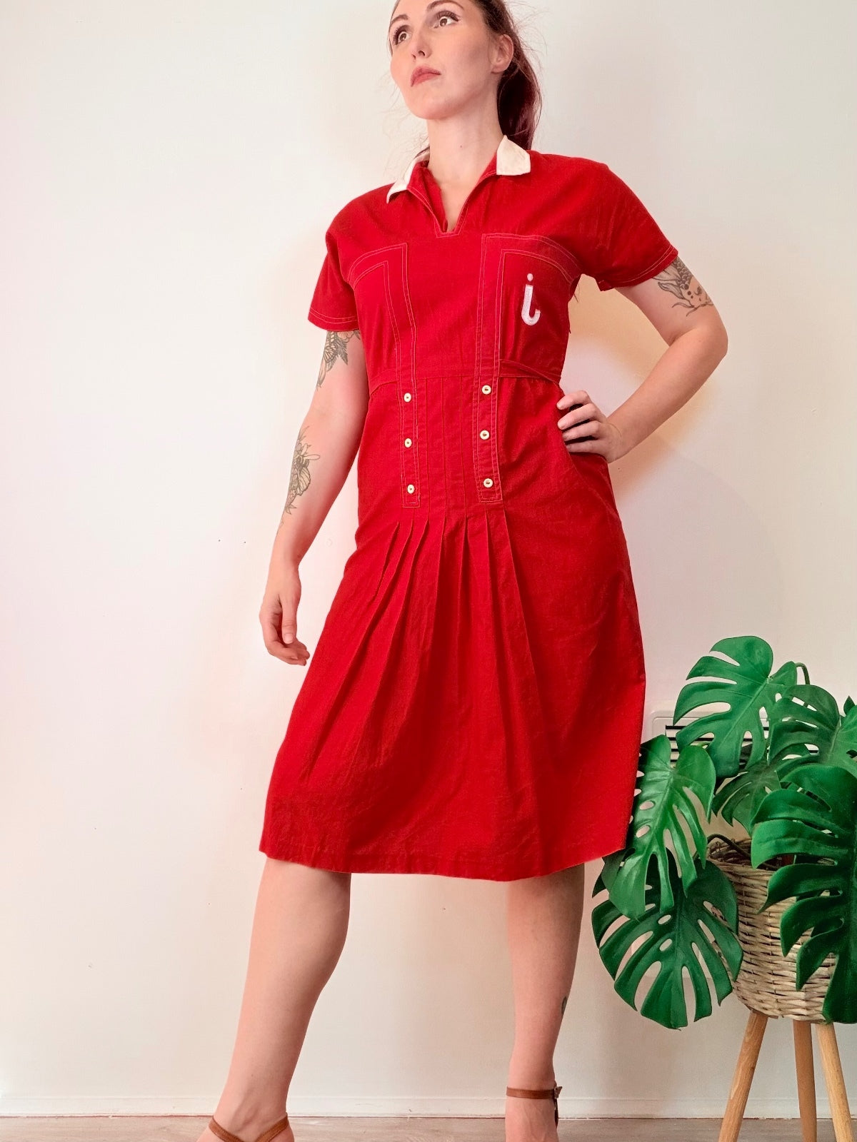 Vintage 1990s Shirt Dress Red Cotton Midi with Pleated Skirt and Collar Size 12