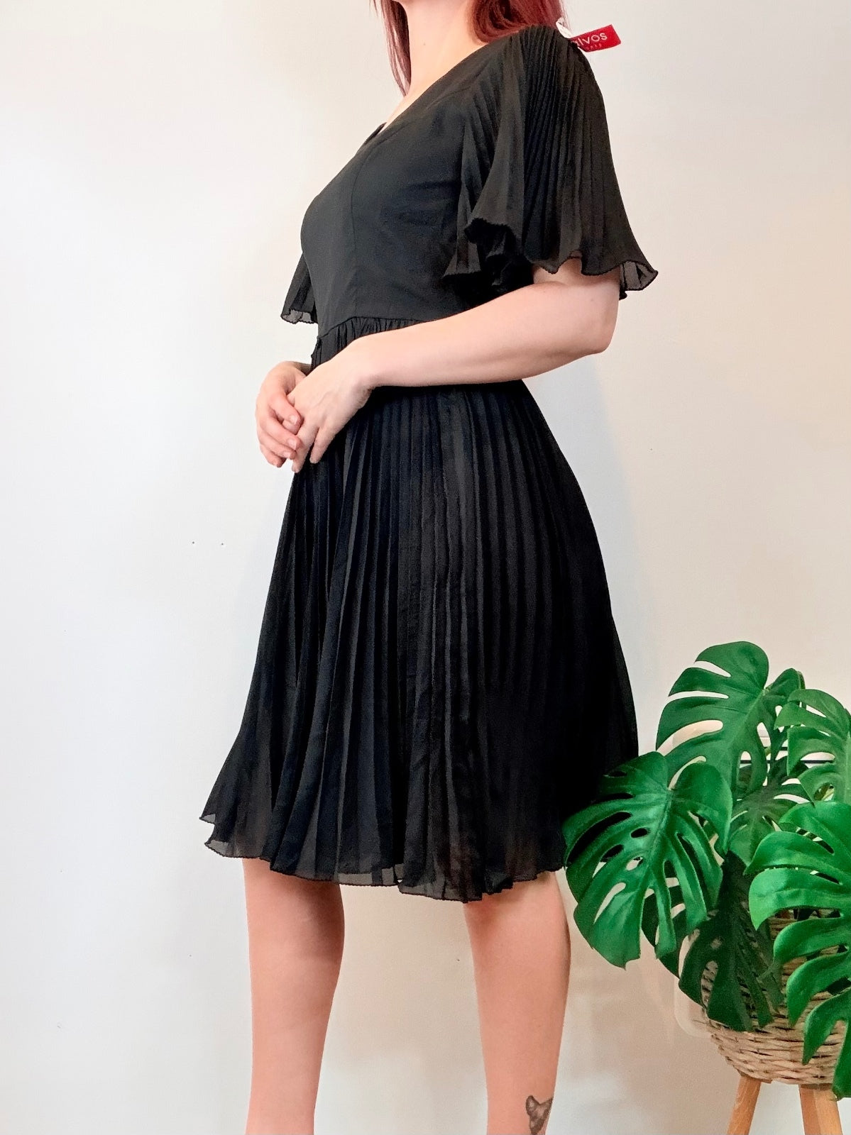 Vintage Day Dress Black Pleated Midi Dress with Flared Sleeves Size 12