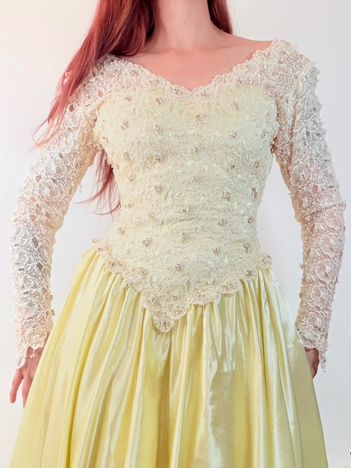 Vintage 1990s Cocktail Dress Lace Beaded Bridal Prom Gown Size 8 Yellow Satin