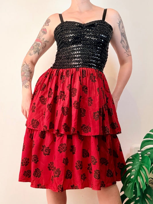 Vintage 1980s Party Dress Black Sequin Top with Red Floral Tiered Skirt Size 6 8