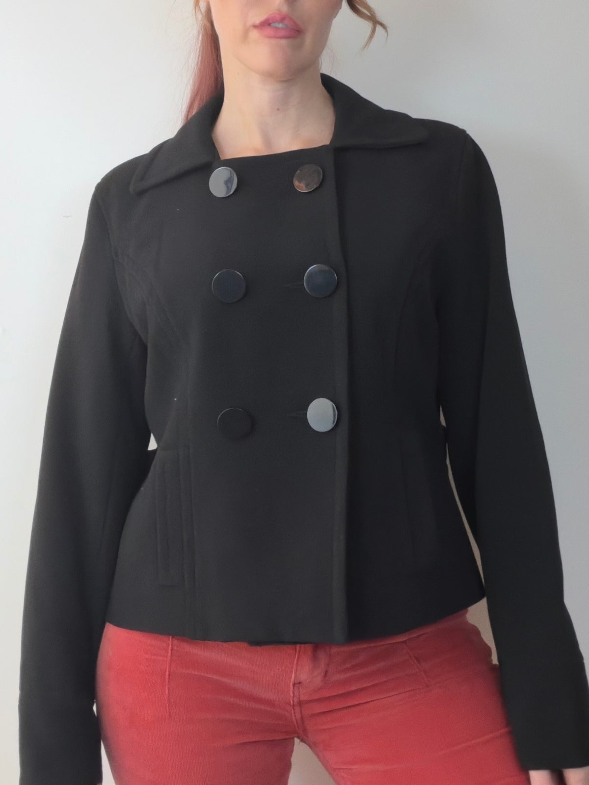 Black Cropped Coat Double Breasted Jacket Retro 60s Style Button Detail Size 16