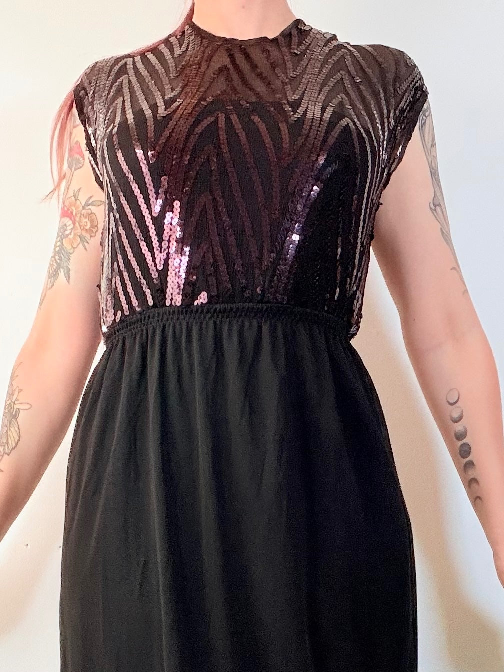 vintage 1970s Maxi Dress with Sequin Top Black disco Party Dress size 10 to 12