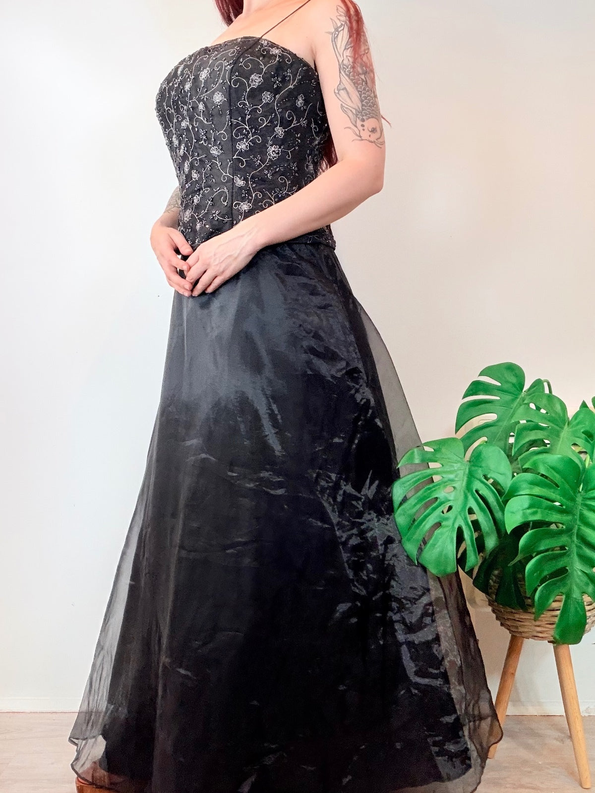 Vintage 1990s Strapless Prom Dress Embroidered Bodice and Flowing Skirt Size 14