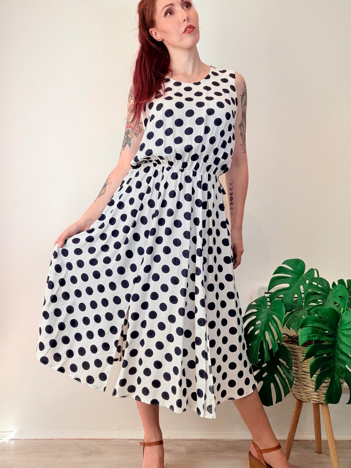 Vintage 1990s Summer Dress Sleeveless Polka Dot Midi Dress with Slits Size 14 16