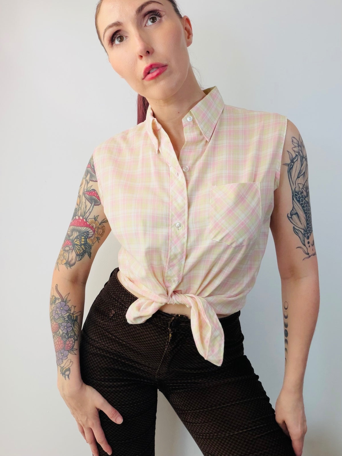 Vintage 1980s Sleeveless Top Pastel Plaid Button-Up Shirt with Tie Front Size 14