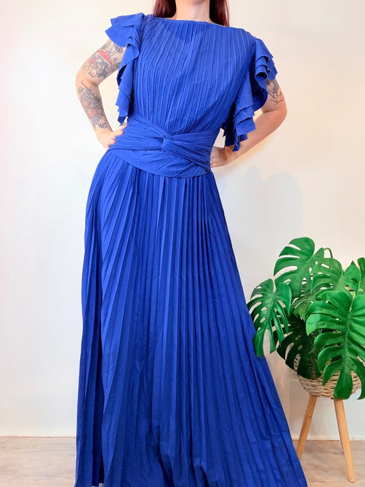 Vintage 1980s Maxi Dress with Pleated Flared Sleeves and Waist Detail Size 14
