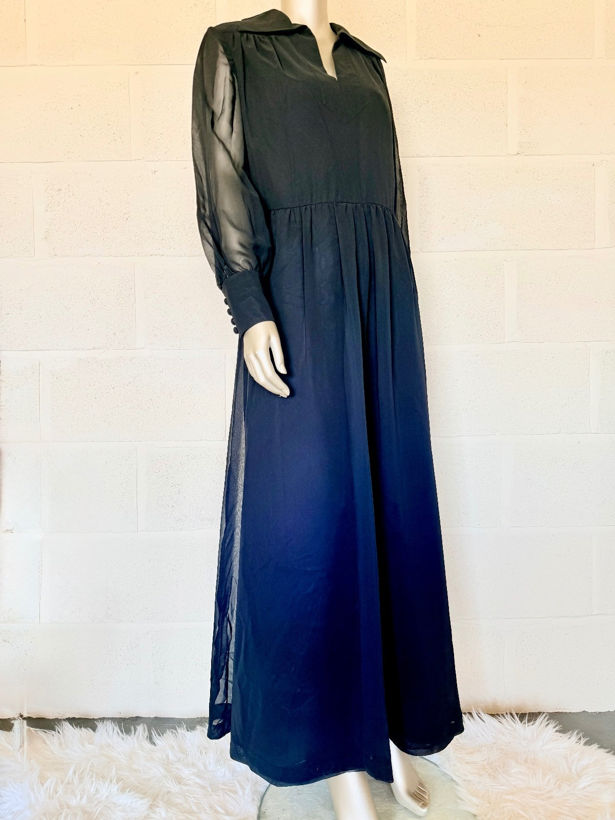 Vintage 1980s Maxi Dress Black Long Sheer Sleeve Maxi Dress Size 16
