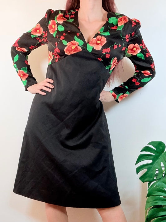 Vintage Sheath Dress Black with Bold Floral Top and Long Sleeves Size 16
