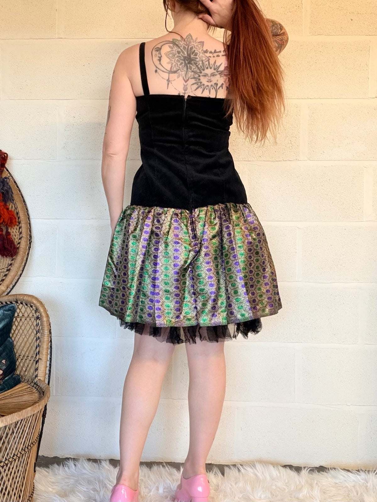 Vintage 1980s Party Dress Black Velvet with Patterned Skirt Dress Size 12