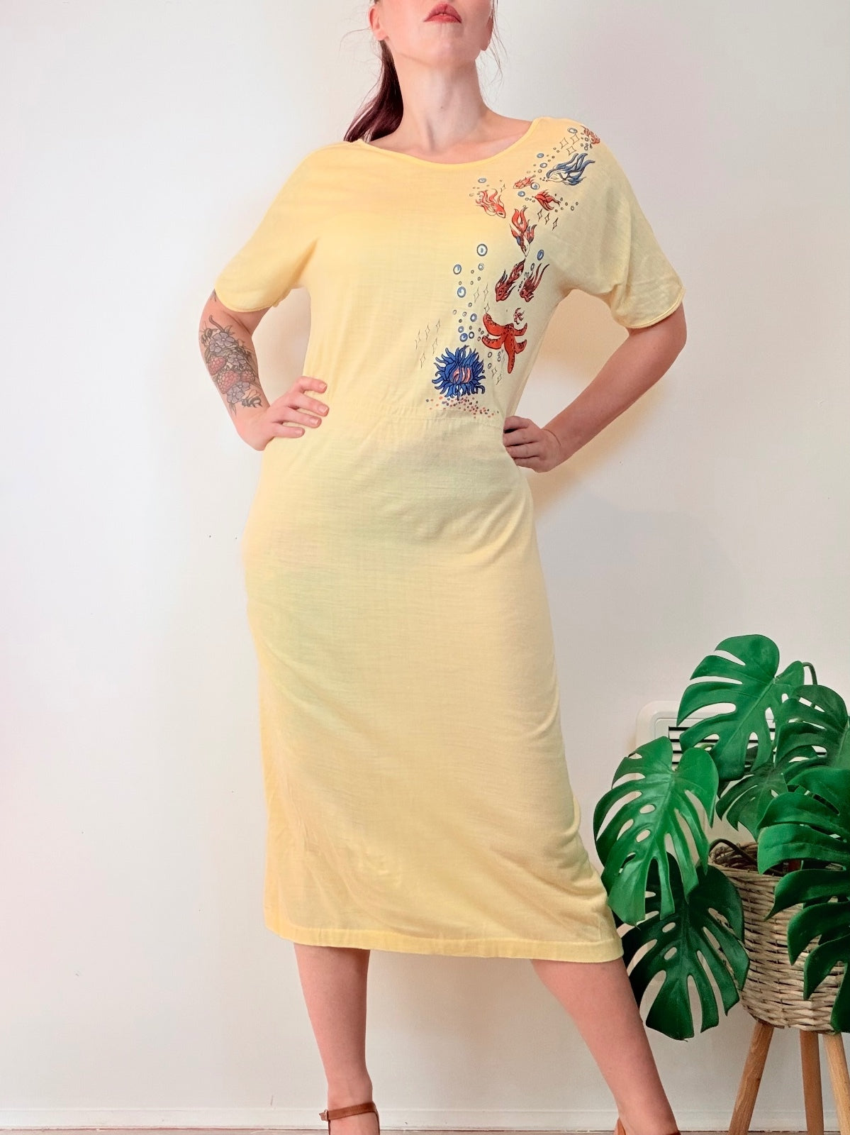 Vintage 1980s Summer Dress Yellow Midi Dress with Retro Fish Print Size 12 to 14