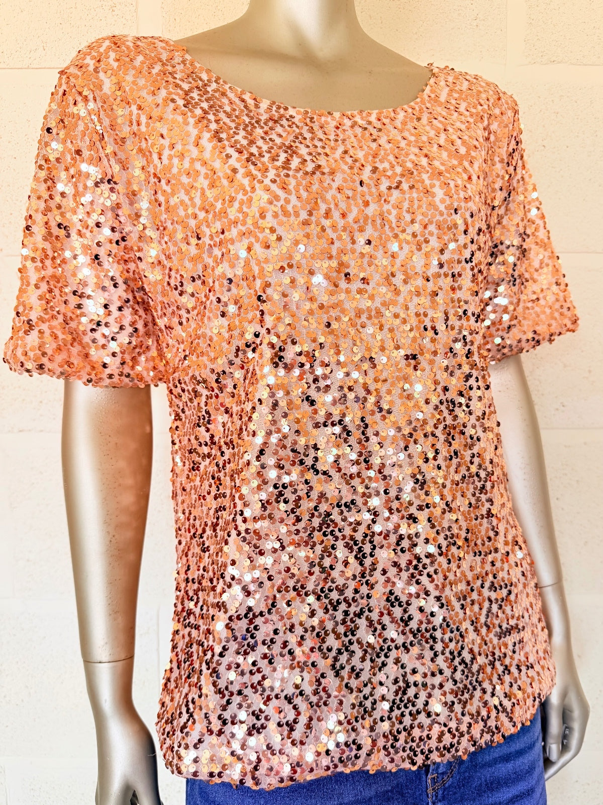 Gold Sequin Top Embellished Short Sleeve Party Festival T shirt Size 14 to 16