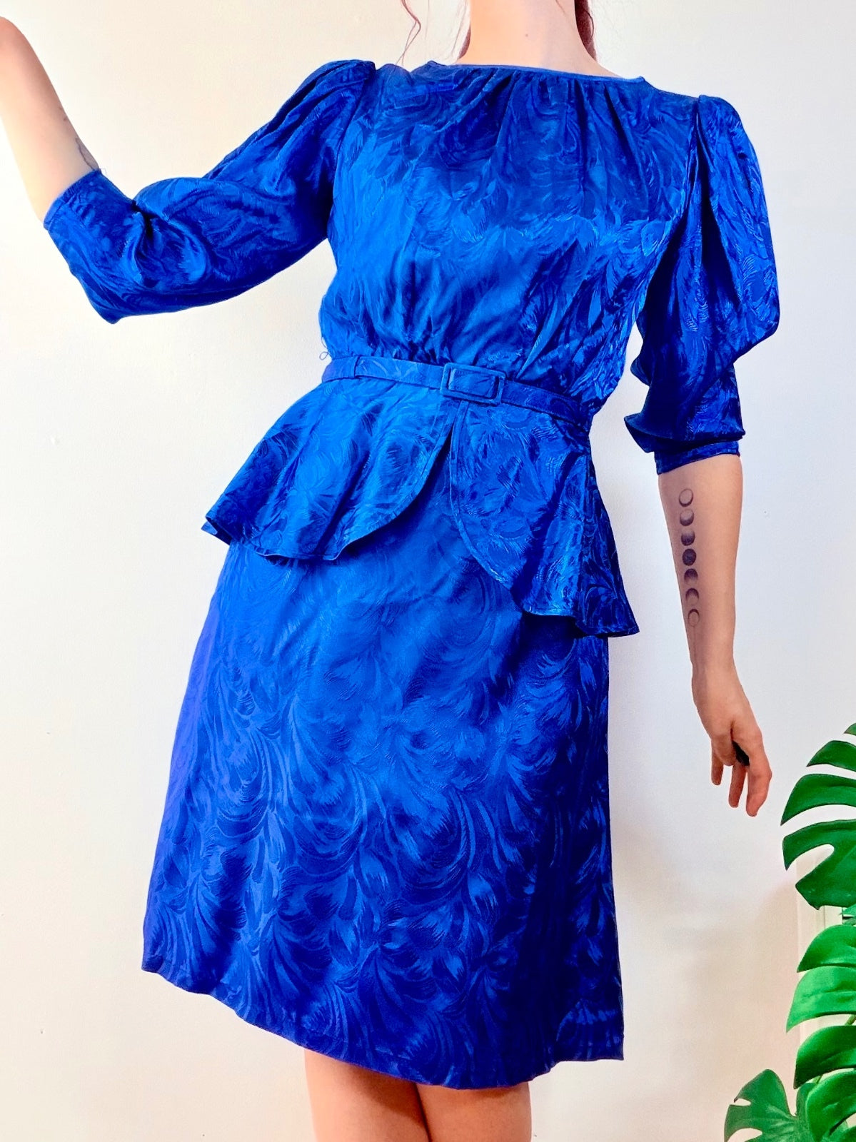 Vintage 1980s Peplum Dress with Retro Puff Sleeves and Belt Blue Size 12