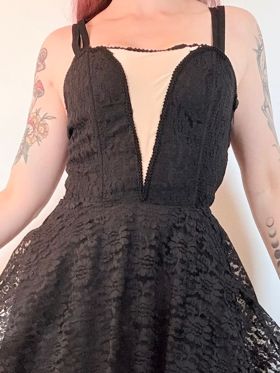 Vintage 1980s Party Dress Black Lace Midi Dress with Nude Illusion Panel Size 10
