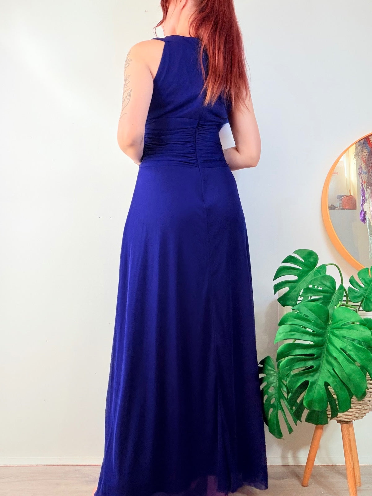 Vintage Y2K Blue Evening Gown with Pleated Bodice and Rhinestone Detail Size 12