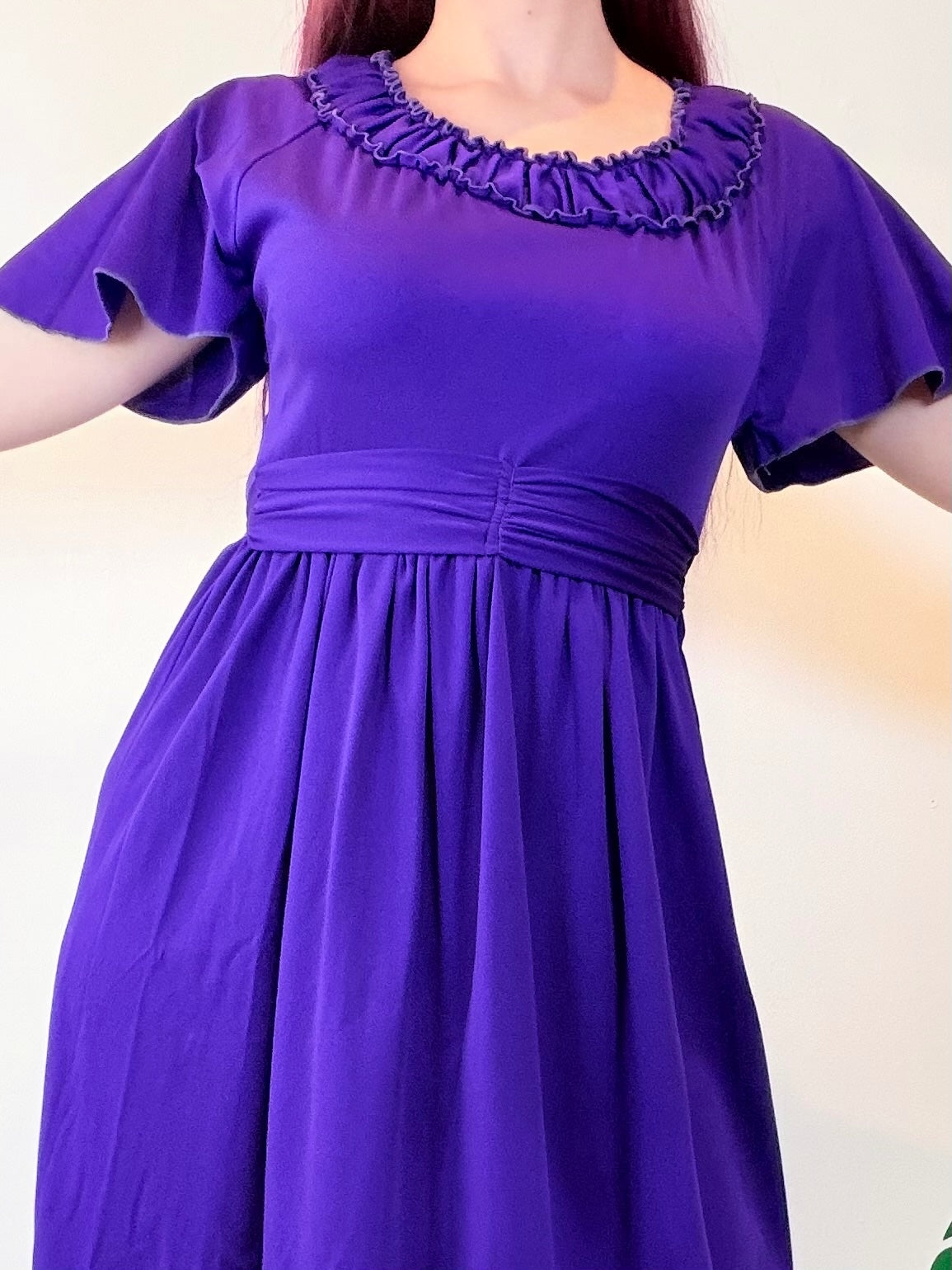 Vintage 1970s Maxi Dress Purple Ruffled Neckline and Flutter Sleeves Size 8