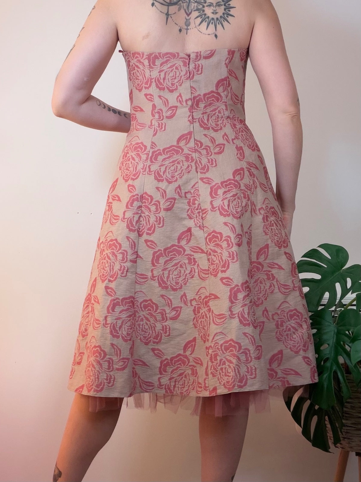 Strapless Floral Midi Dress with Pink Roses on Beige By Roman Size 14