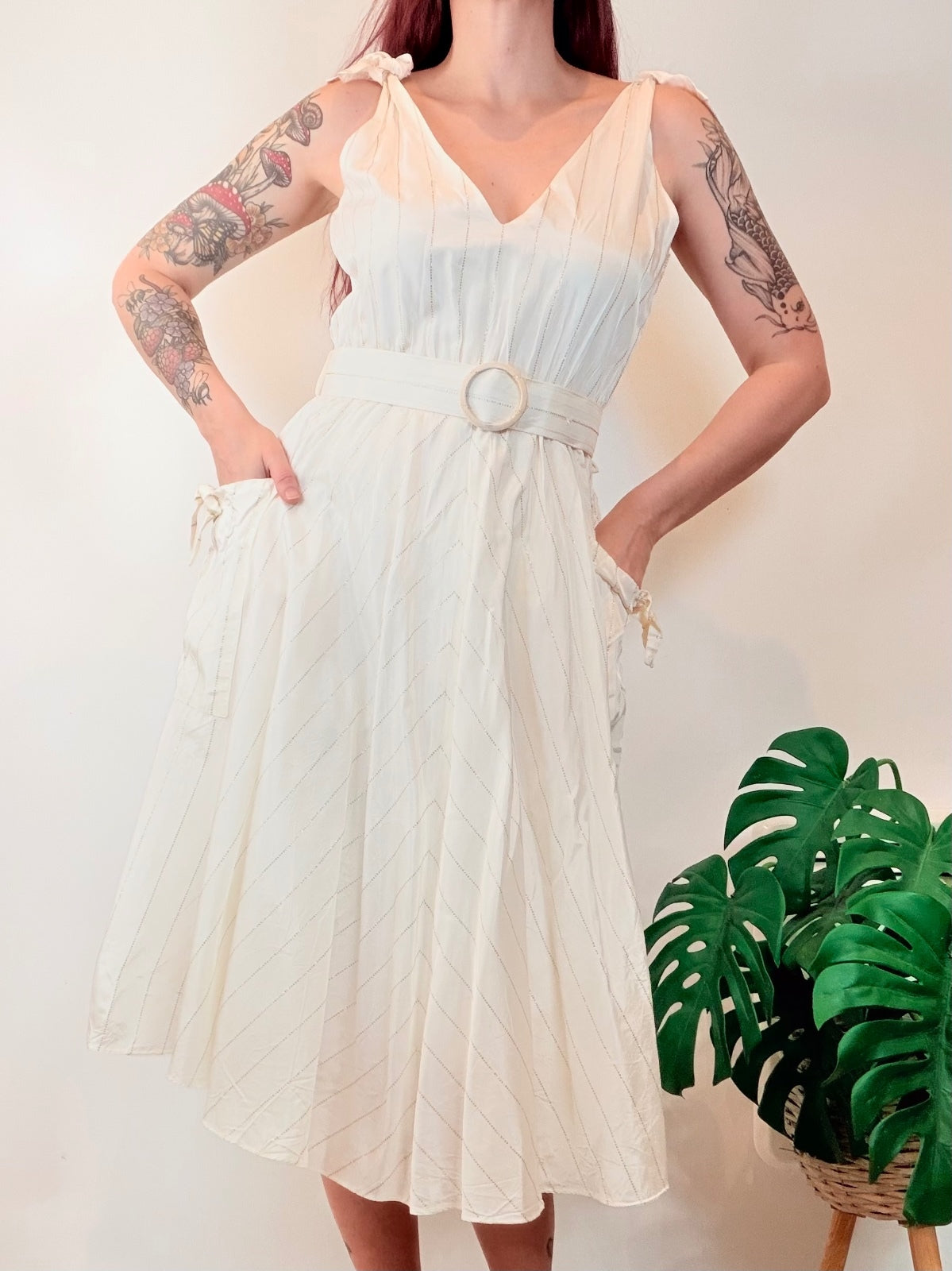 Vintage 1980s Midi Dress Cream with Belted Waist and Pockets Size 12