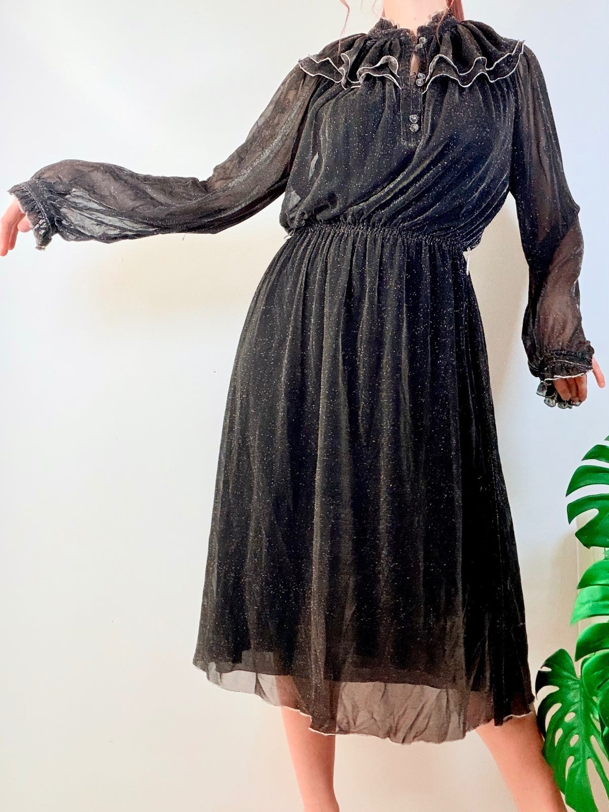 Vintage 1980s Party Dress Black Sheer Ruffle Midi Dress with Sparkle Size 12