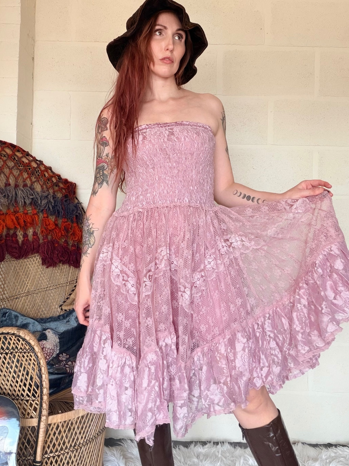 Boho lace summer dress Strapless Pink layered frilly fairycore dress size 8 10