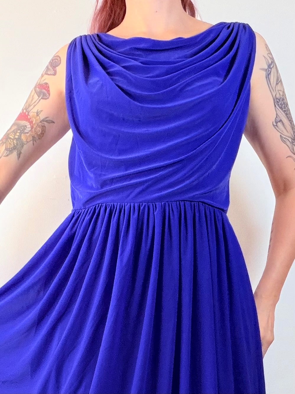 Vintage 1980s cocktail Dress Blue Maxi Party Gown with Draped Neckline Size 14