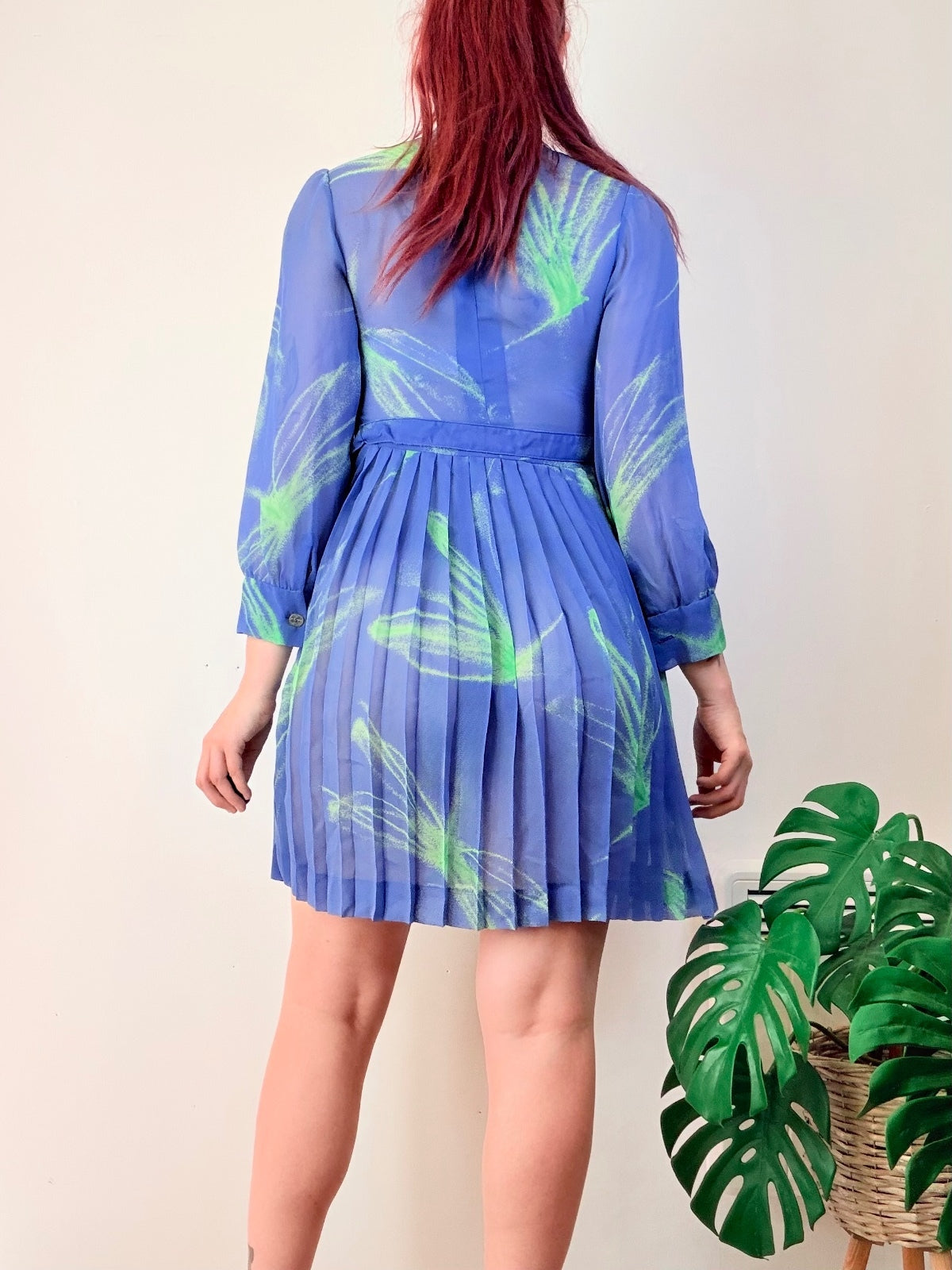 Vintage 1980s Shirt Dress Sheer Blue & Green Pleated Mini with Tie Neck Size 8