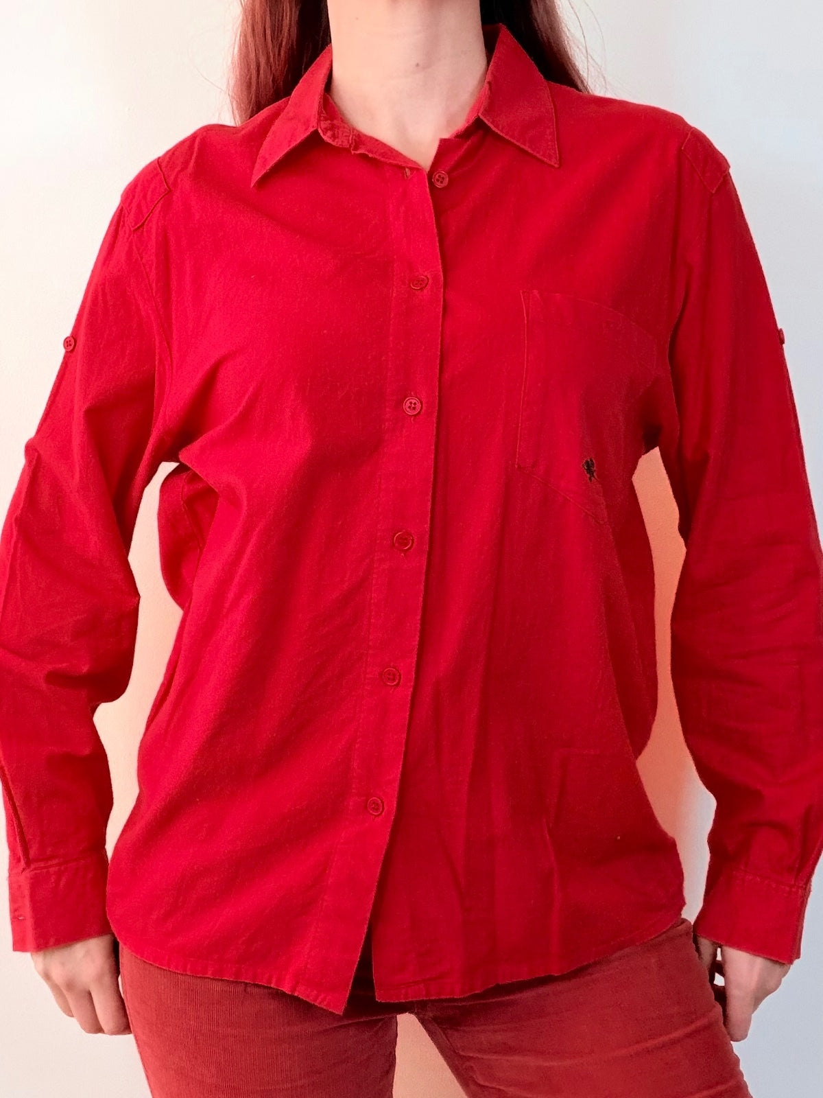 Red Long Sleeve Shirt 100% Cotton with Embroidered Plane Pocket Size 12 to 14