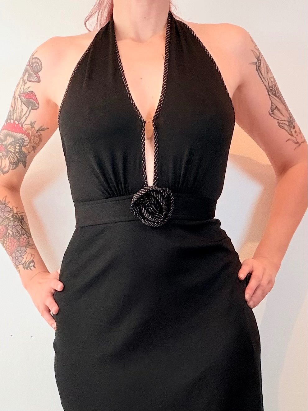 Vintage 1970s Cocktail dress Black Halter Neck Maxi with Rose Detail Size 6