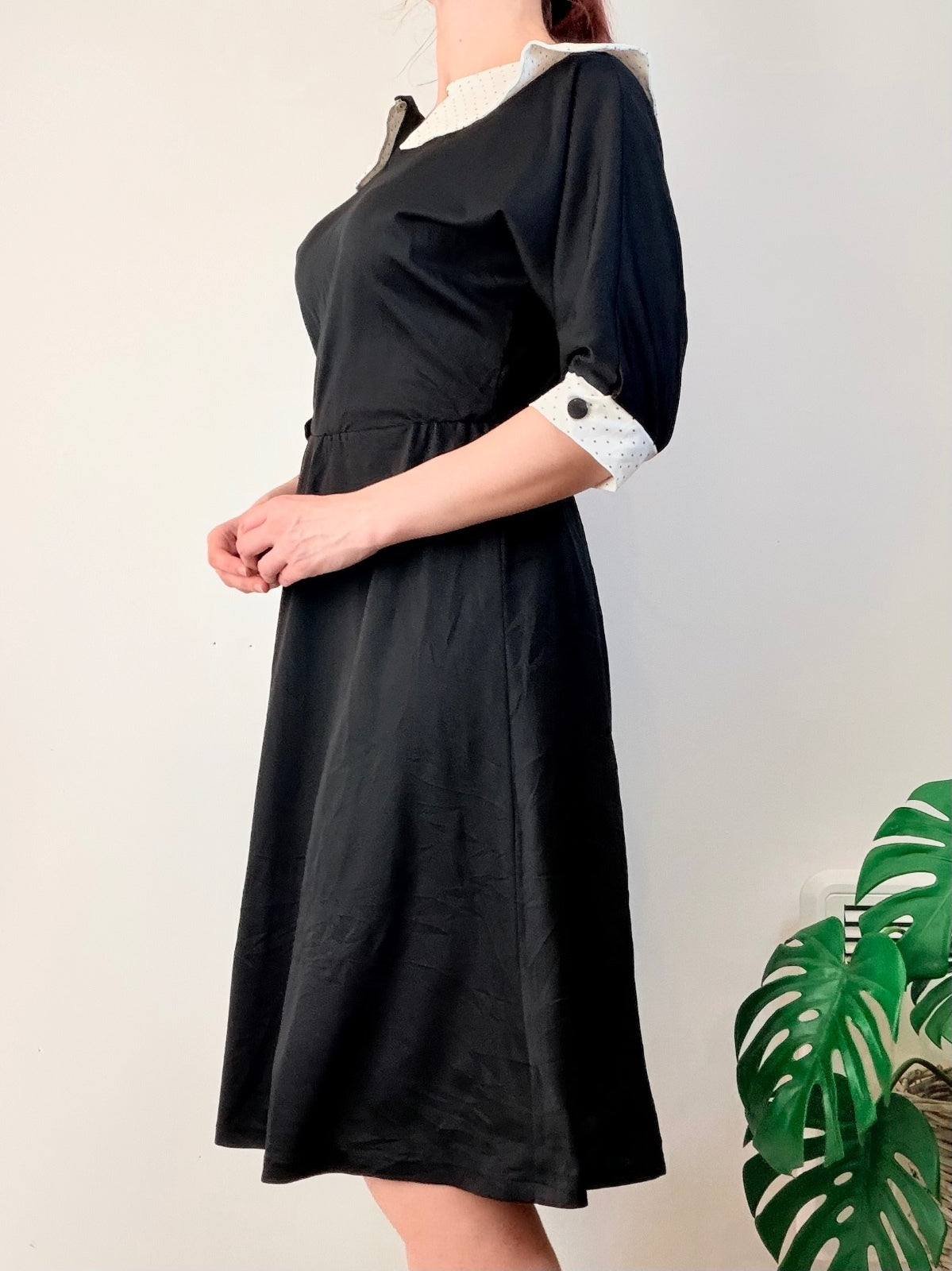 Vintage 1980s Black Dress Midi 3/4 Sleeves Polka Dot Collar and Cuffs Size 12