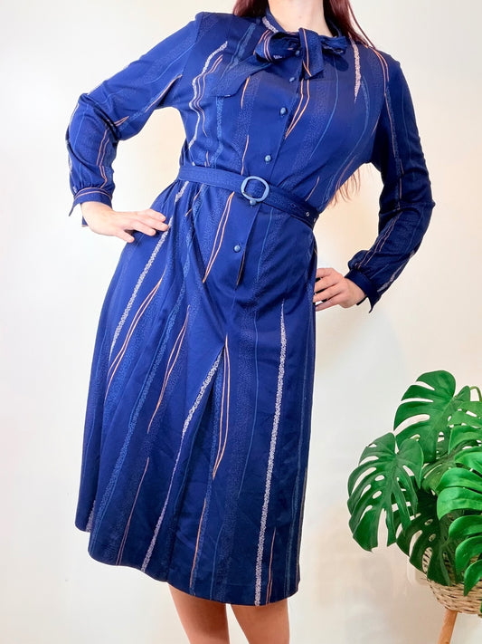 Vintage 1980s Shirt Dress Blue Belted Midi Dress with Bow Tie Collar Size 16