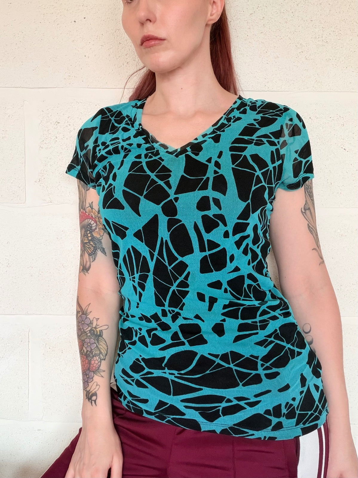 Vintage Y2K Mesh Top By Dana Buchman layered patterned V-Neck Cami Top Size 8 10