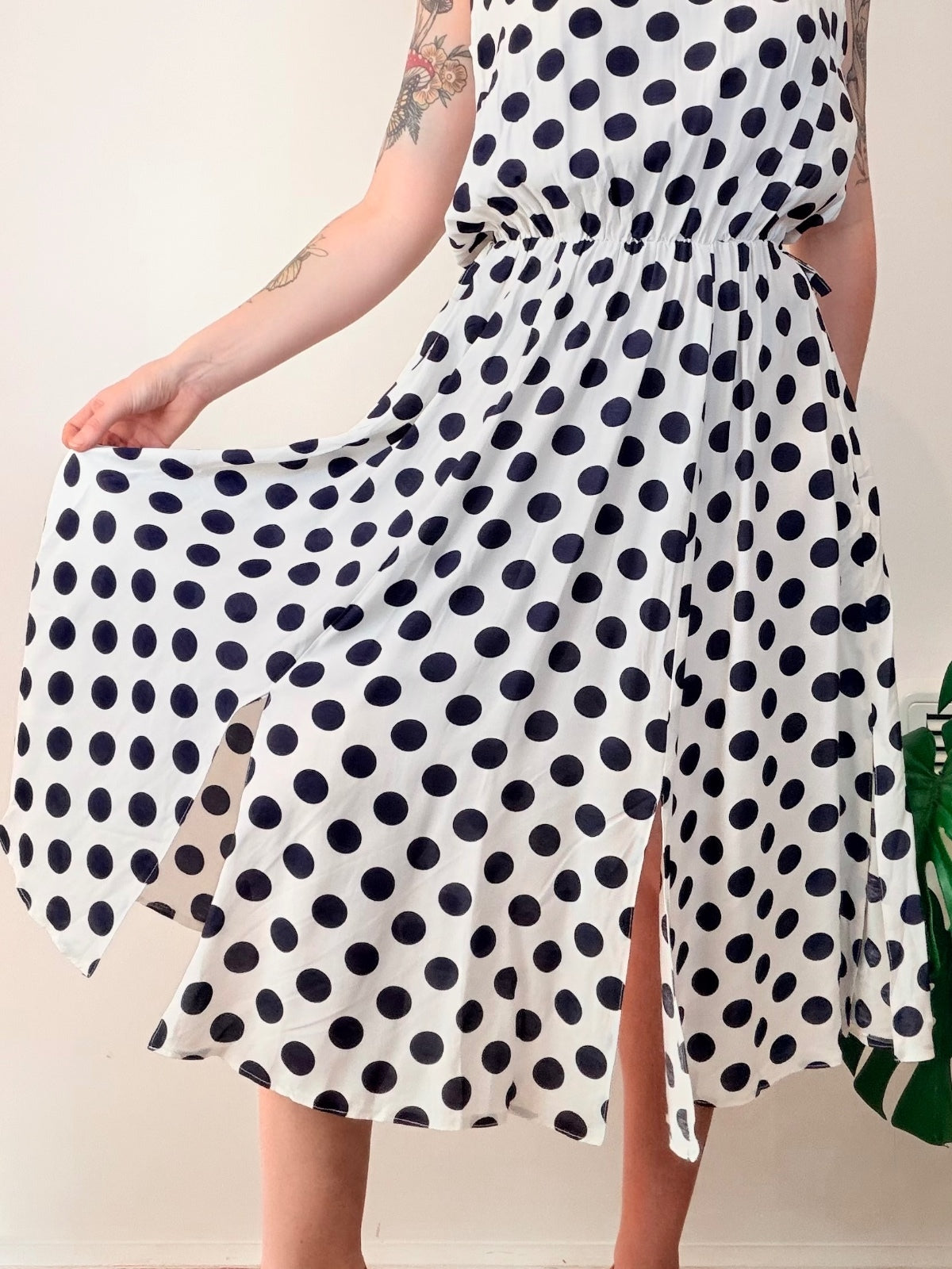 Vintage 1990s Summer Dress Sleeveless Polka Dot Midi Dress with Slits Size 14 16