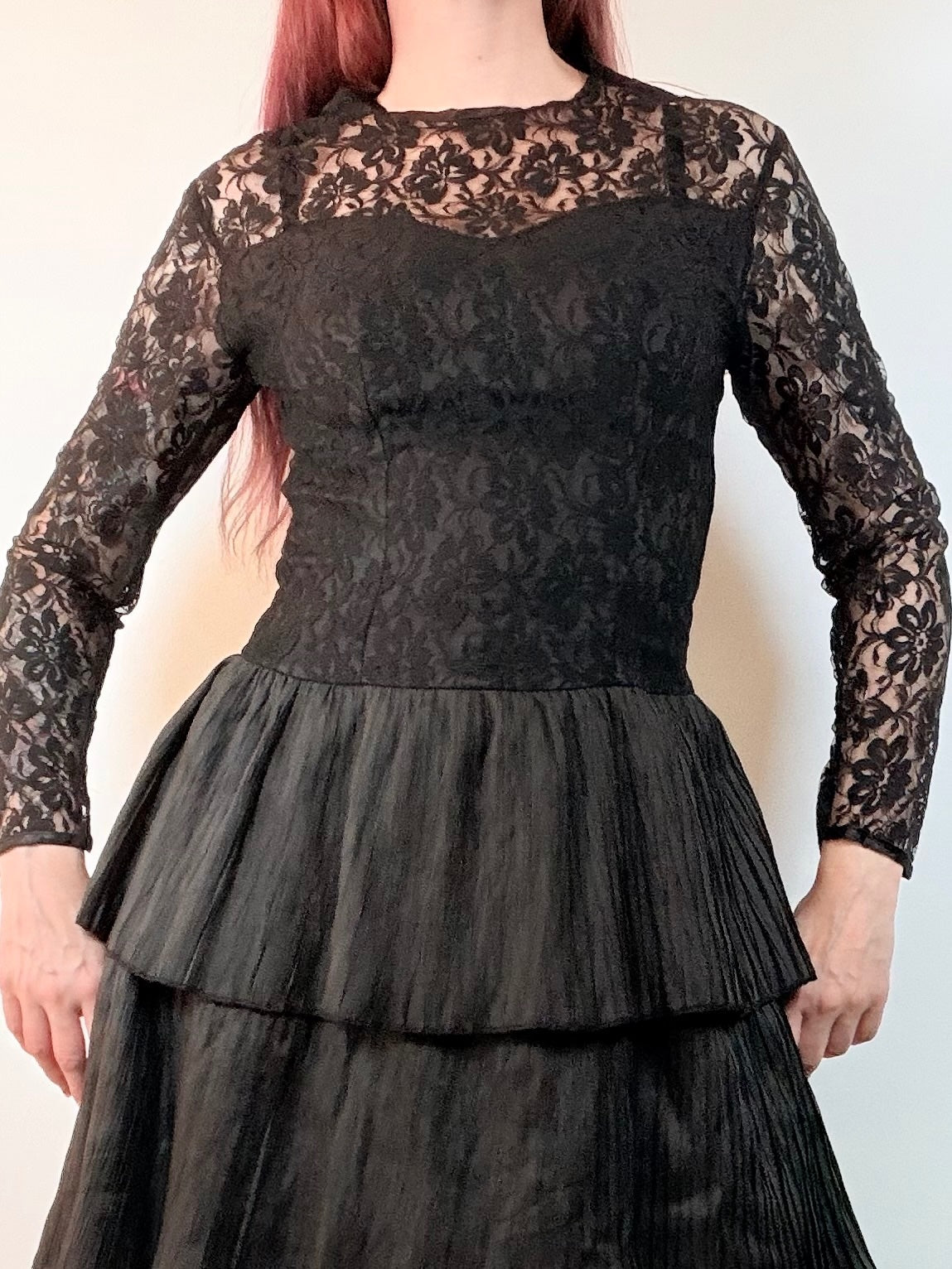 3 Suisses Party Dress Black Lace and Tiered Skirt Midi Dress Size 12
